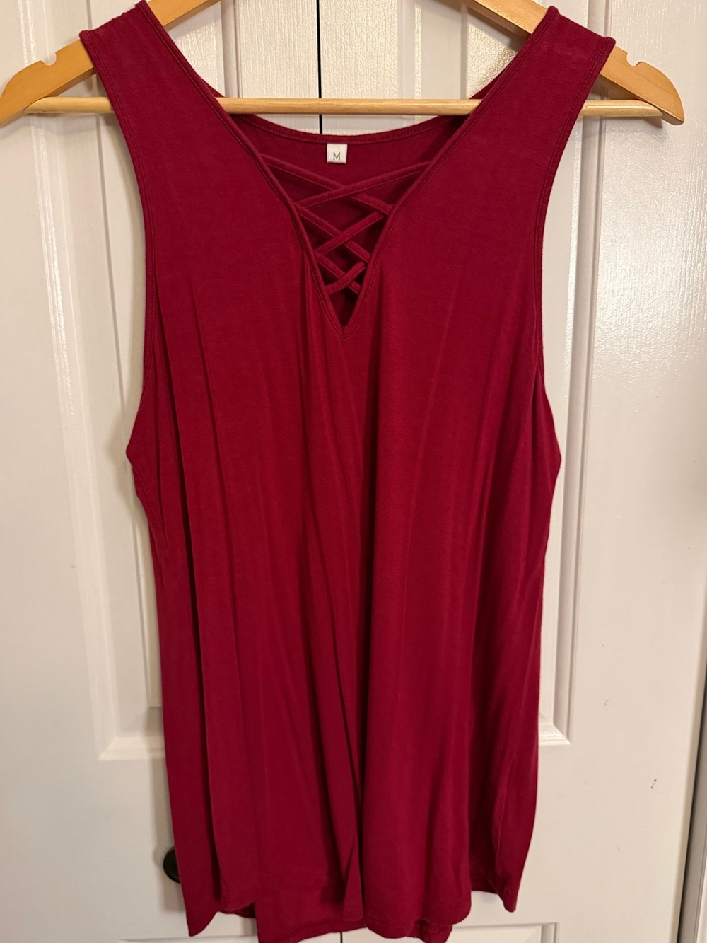 Women's Crimson Sleeveless Tank Top with Lattice V-Neck Medium